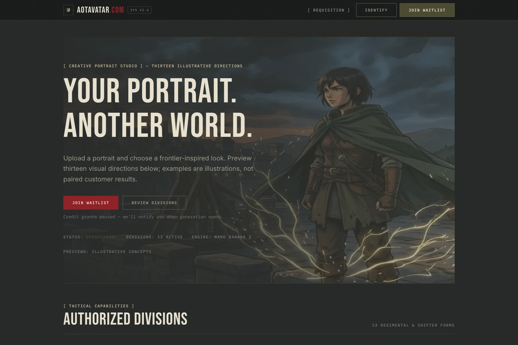 Screenshot of AotAvatar's live homepage showing the portrait studio hero and navigation.