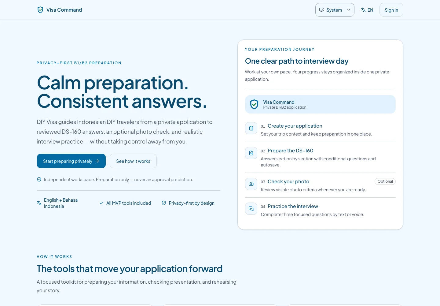 Live DIY Visa homepage with its bilingual preparation journey and interview practice workflow.