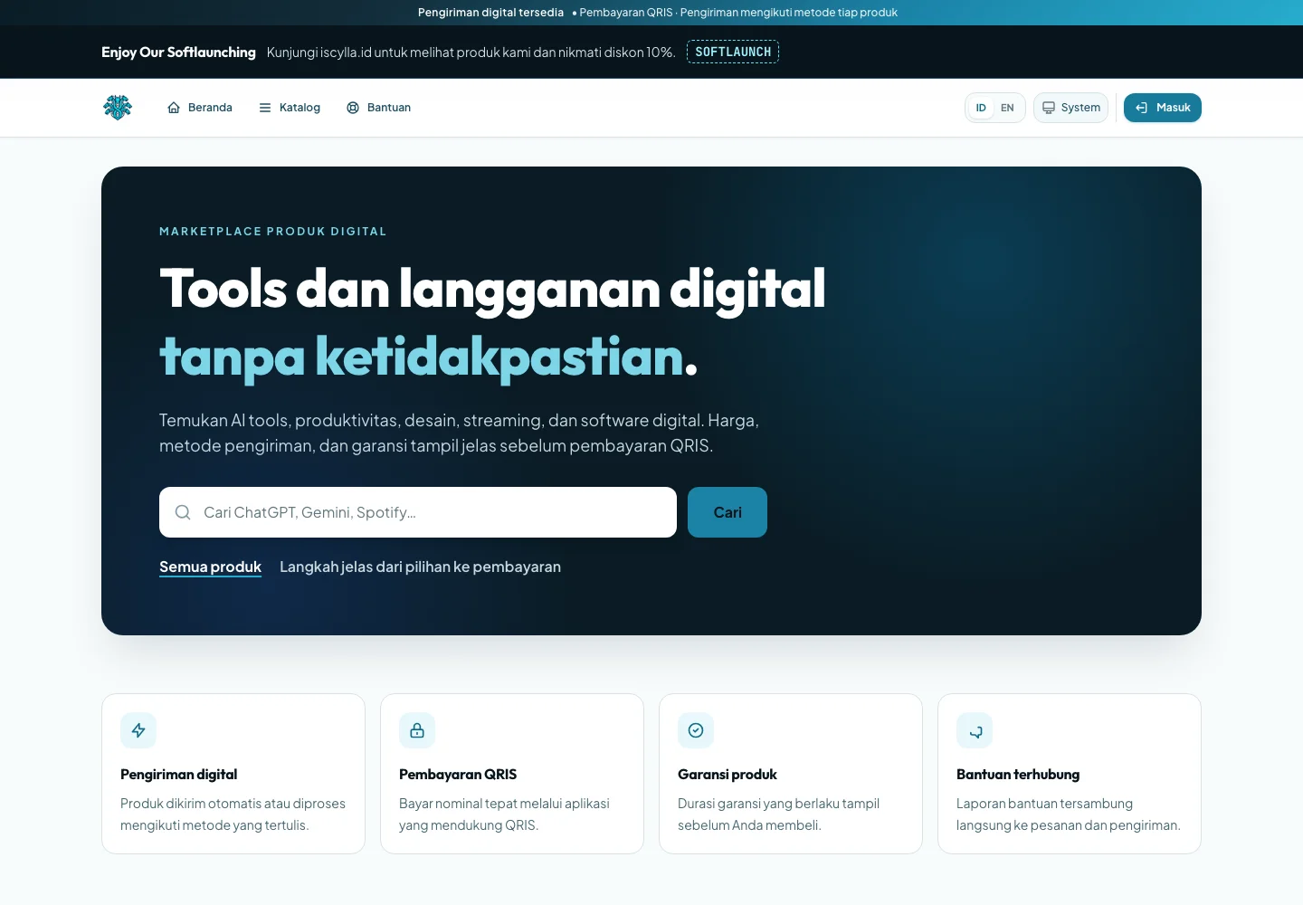 iScylla Shop homepage with digital-product search, QRIS payment, warranty, and order-linked support.
