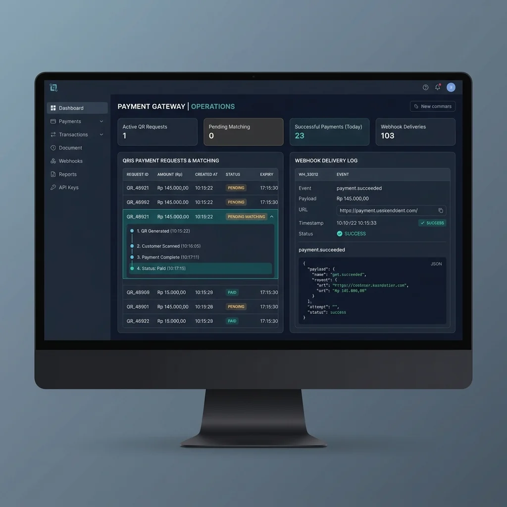Generated visualization of a QRIS payment, transaction matching, and order status dashboard.