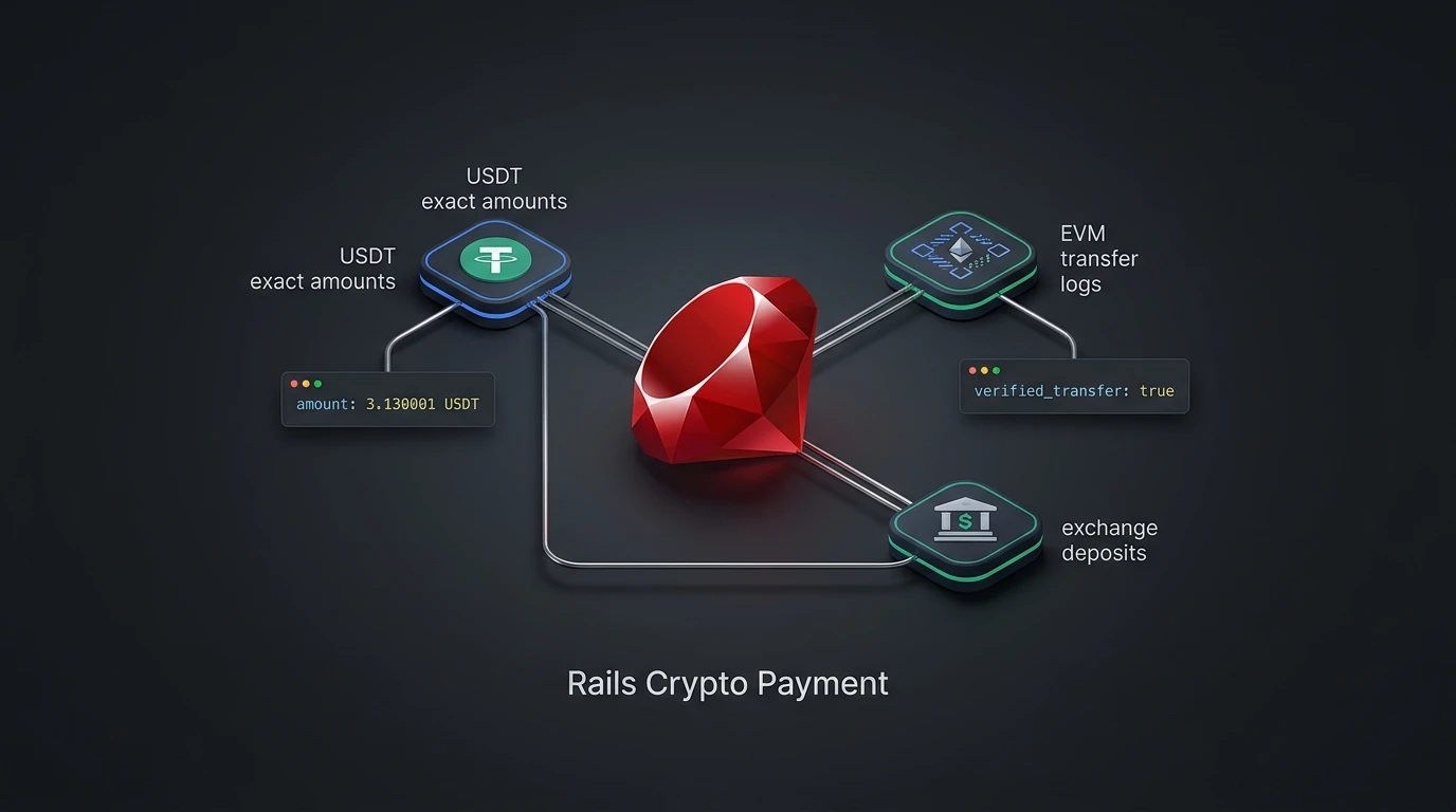 Generated illustration of Rails Crypto Payment with a ruby gem, exact USDT amounts, EVM transfers, and exchange deposits.